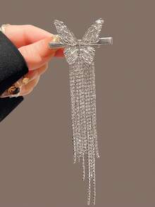 1pc Rhinestone Tassel Butterfly Hair Clip, Elegant Side Bangs Hairpin - Multicolor - View 8