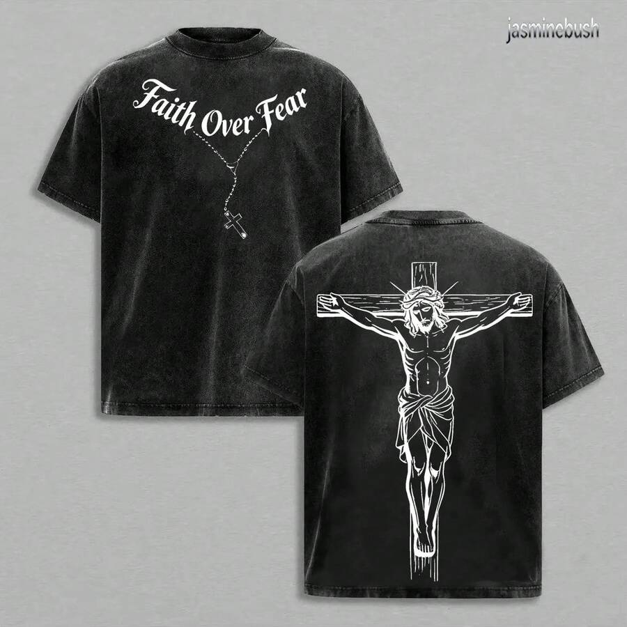 Faith Over Fear T-Shirt Washed Christian Graphic Tee Oversized Cotton Streetwear Summer Clothing Gymwear Faith-Based Shirt Aesthetic Menswear Gift For Believers Bible Verse Church Outfit - màu đen - Xem 1