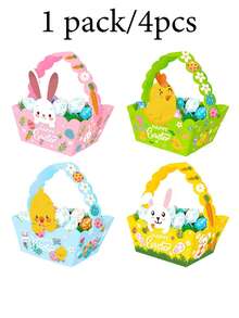 4个装便携式复活节兔子礼品袋纸板糖果篮，复活节快乐纸质糖果篮，可爱兔子小鸡造型糖果礼盒，派对糖果盒，可爱动物主题节日礼品包装用品 - 彩色 - 查看 13
