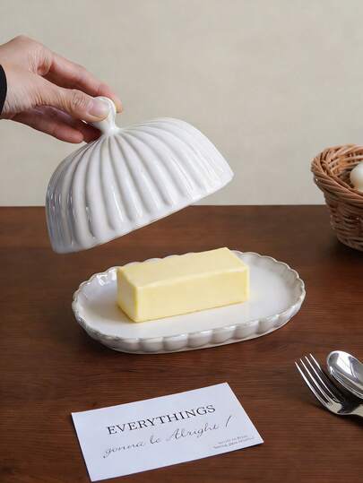 1pc Nordic Style Seashell Pattern Ceramic Butter Dish With Lid, Vintage Butter Storage Box Suitable For Home Kitchen, Baking, Restaurant Bread & Butter Serving, Outdoor Picnic, Ideal For Holiday Decor And Gifts