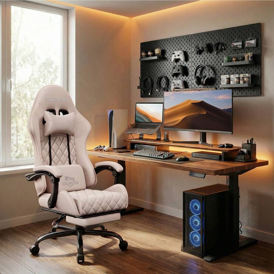 HLDIRECT Gaming Chair With Massage Lumbar Pillow, Breathable Felt Fabric, 90-135° Reclining, Linkage Armrests, Footrest, Ergonomic Office Chair For Adults - Màu Hồng baby - Xem 1