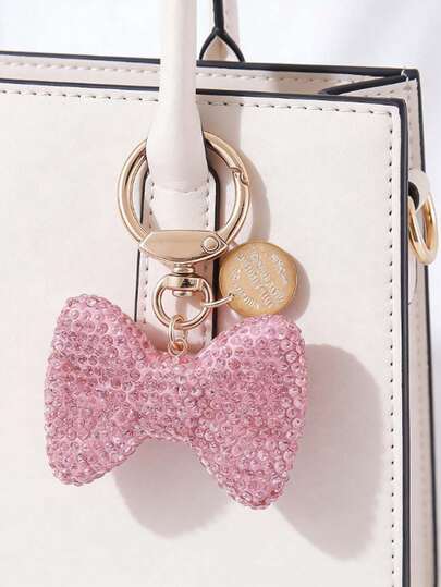 Creative Rhinestone Bow Keychain, Gold Spring Ring Metal Accessory For Women, Car Decor, Bag Decoration
