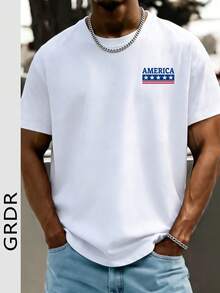 GRDR Camiseta de manga corta de cuello redondo casual de verano para hombres con estampado de elementos de cultura americana minimalista - Blanco - Ver 2