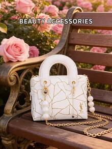 Elegant White Handbag With Gold Crackle Print And Pearl Star Pendant, Mini Shoulder Crossbody Bag, Suitable For Dates, Daily Wear, Parties And Weddings - White - View 5