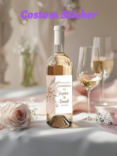 9Pcs Personalized Custom Wedding Wine Bottle Label - Size: 9x12.7 Cm / 3.54"X5". Features Elegant Floral And Feather Patterns Paired With Customizable Couple Names/Dates (E.G., "Sophie & David 08.02.20XX"), Printed On High-Quality Matte Material.