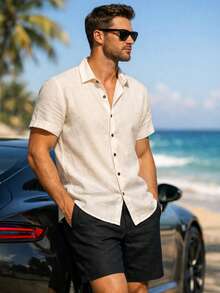 Short-Sleeved, Slim-Fit Casual Shirt With Italian Collar - 米色 - 查看 10
