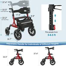 WALK MATE Walkers For Seniors, Rollator Walker With Seat, 12" Big Rubber Wheels All Terrain Rollator Walker With Backrest, Built-In Cable, Cup Holder, Foldable And Height Adjustment For Seniors, Red - View 8