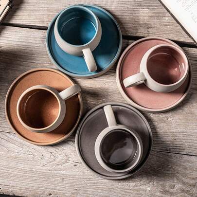 1 Set, Retro Thick Ceramic Coffee Cup And Saucer Set, With Matching Saucer, Heat-Resistant, Reusable, Hand Wash Only - Suitable For Various Beverages, Essential For Breakfast, Retro Color Block Design