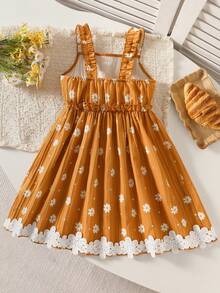 Vestido de niña con tirantes de margarita, volantes en los hombros, cintura elástica y dobladillo de encaje, fresco y dulce, para primavera/verano - Amarillo - Ver 2