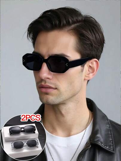 2 PCS Men's Fashion Glasses With Minimalist Dot Decor, Lightweight Polycarbonate Frame, Retro Rectangle Style, Ideal For Outdoor Travel And Daily Wear With Glasses Box