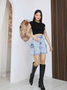 Casual Washed High Waist Cargo Shorts, Summer - Blue - View 1