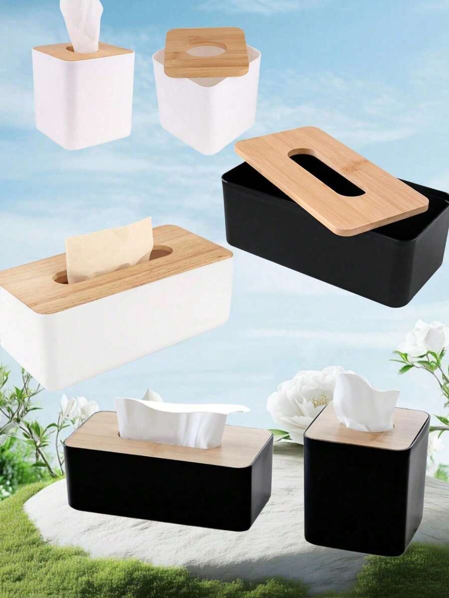 Caja de pañuelos con tapa de bambú elegante y base de plástico, soporte para toallas de papel para el hogar y la oficina, caja de pañuelos de plástico rectangular moderna con tapa de madera sin acabar, caja de almacenamiento creativa para toallas de papel para el hogar y la oficina