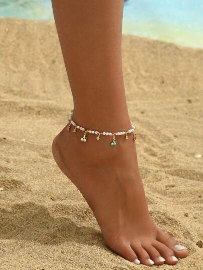 1 pieza Tobillera elegante de mujer con decoración de lentejuelas de color cereza y diseño de dibujos animados, adecuada para salidas casuales, fiestas, festivales de música y vacaciones en la playa