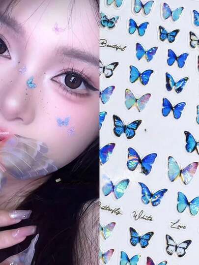 2片蓝色蝴蝶脸贴，优雅创意眼妆面部装饰，演唱会应援色，音乐节脸贴，舞台表演，儿童节目拍照装饰贴纸，自粘式，适合女孩和女性