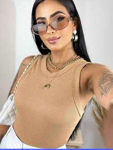 Women's Ribbed Cotton Tank Top - Casual, Basic, And Elegant - 鏽棕色 - 查看 8