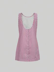 2026春夏新款时尚日常休闲撞色条纹圆领露背单排扣装饰无袖女式迷你连衣裙优雅粉色 - 粉色 - 查看 8