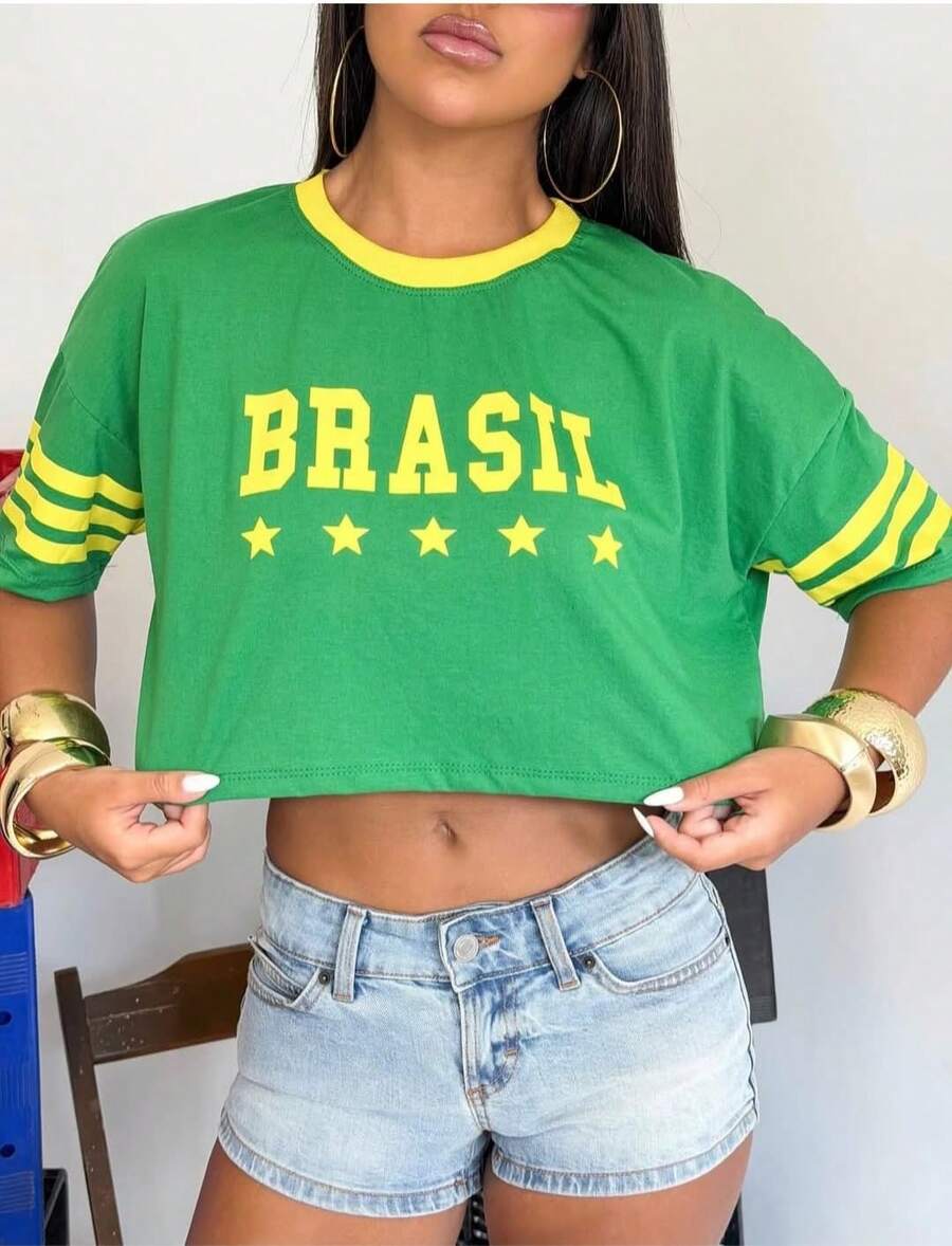 Brazilian Women's Casual Cropped Top To Rock At The 2026 World Cup. - 綠色 - 查看 1