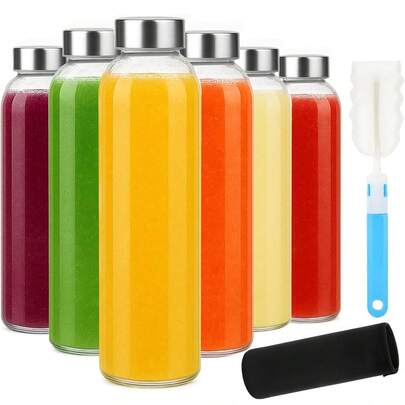 TUMATICLY 6PCS With Lid Transparent Glass Juice Bottles, Reusable Water Bottles, Refrigerator Use Stainless Steel Bottle Caps Glass Water Bottles, Juice Bottles, Drinking Can Containers Set, Utensils Set