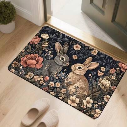 1件复古花卉兔子门垫，艺术感十足的玄关装饰垫，两只兔子以复古花卉绘画风格呈现，色彩丰富，层次分明，兼具自然魅力与艺术气息。兔子，复活节兔子，复活节门垫，复活节礼物，门垫，小地毯，迎宾垫，地毯，地垫，户外门垫，厨房地毯，家居装饰，前门垫，小地毯，户外地垫，家居装饰，地毯，花园地毯，可水洗地毯