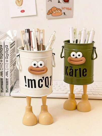 1pc Cute Cartoon Style Pen Holder, Office Supplies Storage Box (Non-Metal), Desktop Organizer, Ideal Gift For Study And Home, Pencil Case, Pencil Pouch, Backpack, School Supplies, Back To School Season (Random Sticker And Mouth Color)