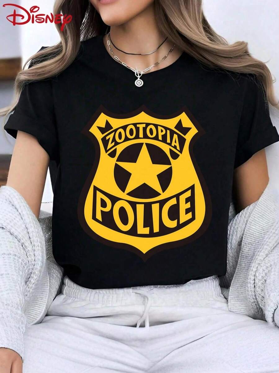 Disney Zootopia  Badge Graphic Women's Short Sleeve T-Shirt Unique Casual Top - 黑色 - 查看 1