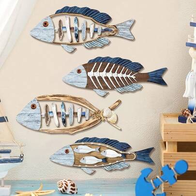 1/4 Stück Vintage Ozean-Stil Fisch-förmige Wanddekoration, Holzfisch Wandbehang, Küstenstil Holz Wandkunst, Ozean-Themen Zimmer Wanddekoration, Hängender Mittelmeer-Fisch Anhänger, Strandschlafzimmer Dekoration