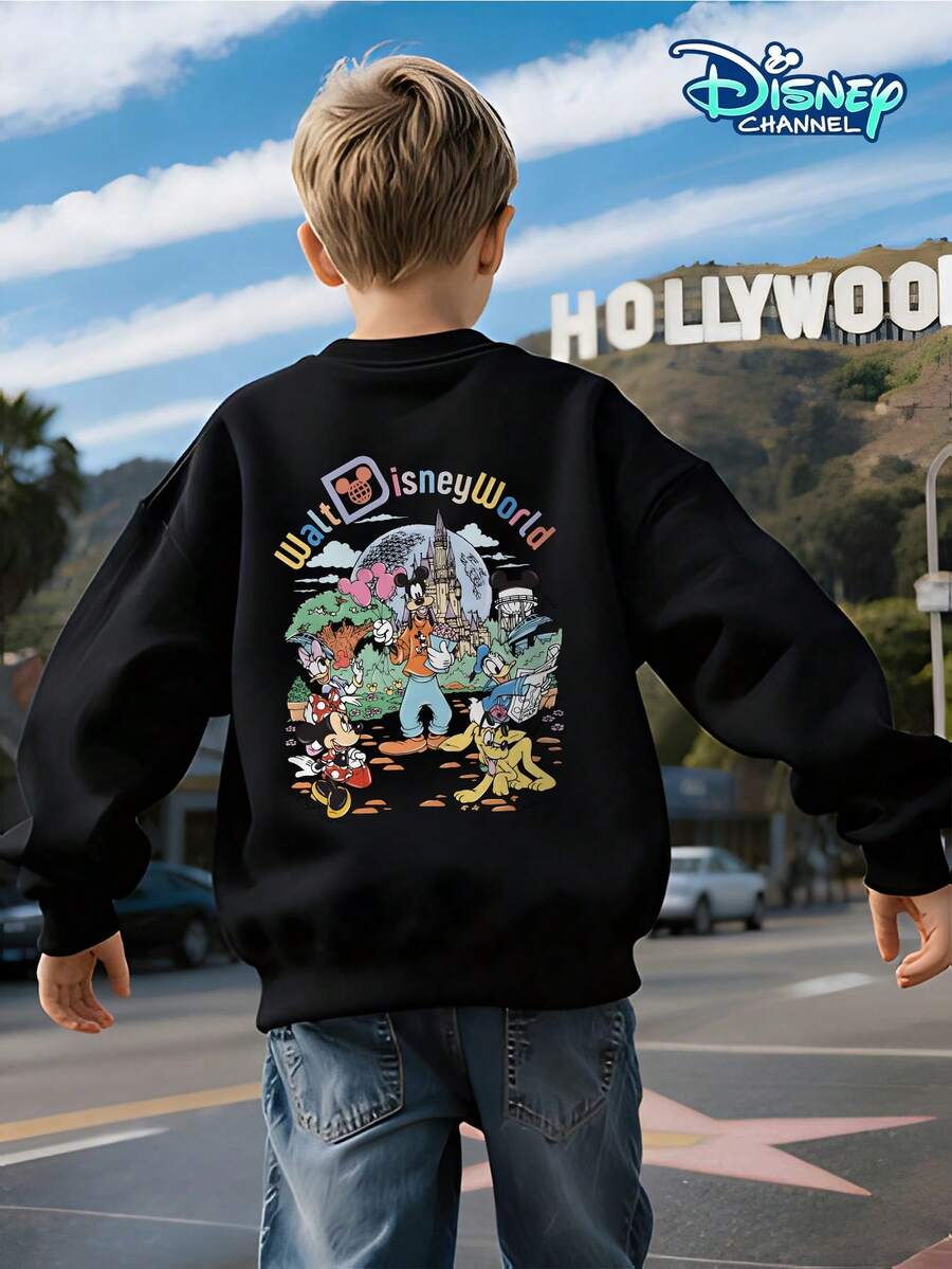 Boys' Crew Neck Pullover Sweatshirt, Suitable For Spring, Autumn, And Winter, For Children Aged 5-12. Black, Loose And Comfortable Fit. The Front Features A Disney Character Adventure Print, Including Mickey, Minnie, Donald Duck, Daisy, Goofy, Pluto, And Other Characters Exploring In Front Of A Colorful Castle, Complete With Colorful Mickey Balloons And Firework Decorations. The Back Features "Walt Disney World" Lettering And A Collection Of Disney Characters, An Officially Licensed Disney Design. Made Of Skin-Friendly And Breathable Fabric. Can Be Paired With Jeans, Sweatpants, Or Casual Shorts For Versatile Styling. Suitable For School, Weekend Outings, Family Gatherings, Disneyland Visits, Birthday Parties, And More. Eye-Catching Cartoon Design, A Must-Have For Back-To-School Season. Machine Washable And Durable, Suitable For All Body Types. A Casual Everyday Top For Boys. - Black - View 1