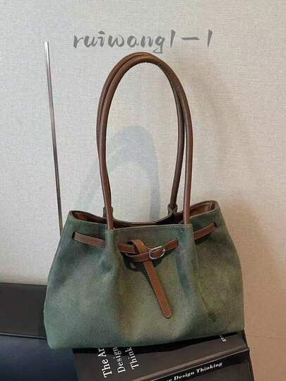 Bolso de mano de mujer, bolso de hombro de cuero de ante de moda con contraste de color