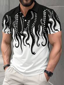 男士章鱼印花 Polo 衫，黑白撞色领短袖休闲上衣 - 彩色 - 查看 4