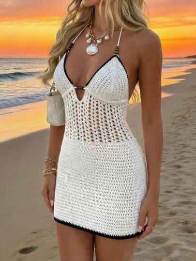 Women's Solid Color Hollow Out Backless Tie-Up Beach Vacation Dress