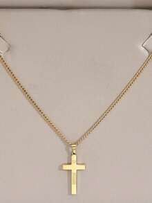 1pc Gold Heart Engraved Cross Pendant Necklace, Minimalist Chic Style Jewelry, Suitable For Daily, Commute, Street, And Party Wear (OPP Bag Packaging) - Yellow Gold - View 3