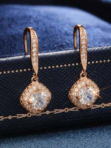 1 Đôi bông tai mặt dây chuyền đá Cubic Zirconia thanh lịch dành cho nữ, thích hợp làm quà tặng cho đám cưới, lễ đính hôn, kỷ niệm, tiệc tùng, ngày Valentine. - Hoa hồng vàng - Xem 5
