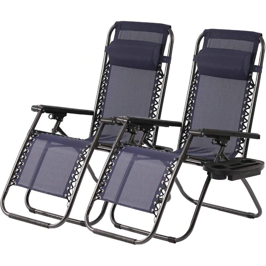 Set Of 2 Lounge Chair Textilene Adjustable Beach Chair Zero Gravity Chair Folding Lawn Patio Chair With Removable Pillow And Cup Holder For Poolside Backyard Lawn Beach,Blue - Blue - View 1