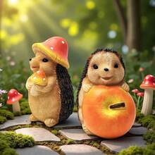 Meet Your Garden's Whimsical Guardian! This Charming Hedgehog Statue, Carefully Clutching A Tiny Mushroom And A Big Apple, Brings A Smile To Any Space. Perfect For Your Desk, Windowsill, Or Garden Patio To Add A Touch Of Heartwarming Joy. - Brown - View 3