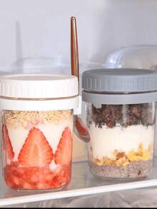 1PC Disposable Ready-To-Eat Oatmeal Cup (With Spoon), Portable Glass Salad Box, Yogurt Cup, Suitable For Breakfast Use - Multicolor - View 8