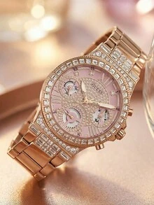 Guess Women's Luxury Rose Gold "Diamond" Watch, Pink Crystal Embedded Dial With Rectangular Diamond Inlay, Sparkling Party Wristwatch GW0320L6 - Rose Gold - View 6