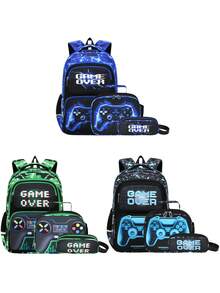 1 Set Kids Backpack With Cool Graphic, Game Controller Print Backpack With Lunch Bag, Zipper Closure, Multi-Pocket Design, Suitable For Daily Wear, Camouflage Blue/Red Set - A - View 12