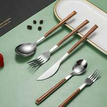 24/30pcs Stainless Steel Cutlery Set, Faux Wooden Handle Knife Fork Spoon Tableware Set - View 9