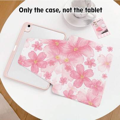 1个翻盖式平板电脑保护套，带笔槽，粉色花卉图案，720度旋转支架，PU皮革材质，具备自动休眠/唤醒功能，适用于华为、荣耀、苹果等平板电脑品牌，适合返校季、情人节等场合。