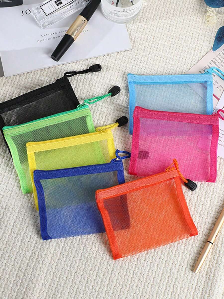 彩色透明网眼袋，迷你拉链抽绳袋，便携式文具袋，化妆品收纳袋，零钱包，化妆包，化妆品整理袋，洗漱包，化妆品收纳袋，化妆袋，洗漱包，旅行必备，女士旅行礼物 - 彩色 - 查看 1