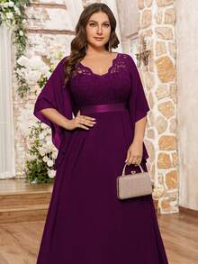Đầm dạ hội thanh lịch cổ chữ V, xếp ly, ren hoa, phối ren, chất liệu chiffon, tay cánh bướm, thích hợp cho khách dự đám cưới, sinh nhật, lễ tốt nghiệp, tựu trường, các dịp trang trọng mùa xuân. - Màu Tím - Xem 8