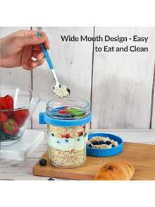 Portable Oatmeal/Yogurt Breakfast Cup, Mason Glass Milk Cup With Lid And Spoon, Salad Cup - Multicolor - View 2