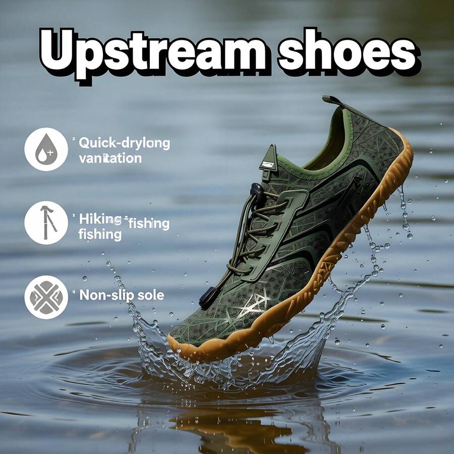 Giày đi sông, giày đi biển, giày bơi nam. Phần trên được làm từ chất liệu thoáng khí và nhanh khô để tránh ẩm ướt và lạnh lẽo. Đế cao su có độ bám tốt và khả năng chống đâm thủng. Chủ yếu được sử dụng cho bãi biển, lặn, bơi lội, đi sông ngược dòng, chèo thuyền vượt thác và các hoạt động khác. - Màu xanh Ô liu - Xem 1