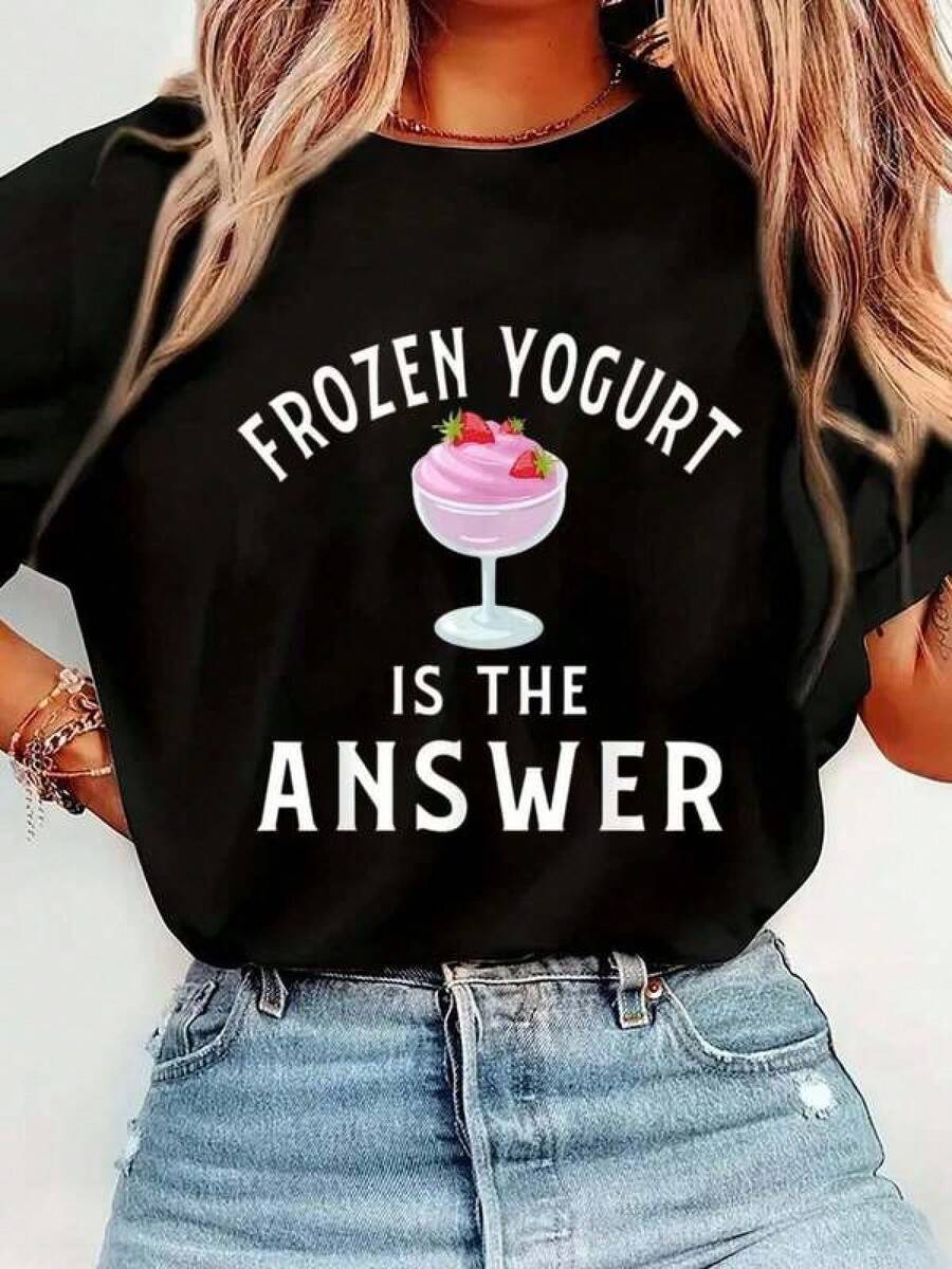 Tshirts For Women 100% Cotton Frozen Yogurt Apparel - Cute Funny Yogurts Lover Design T-Shirt Short Sleeve Round Neck Casual Top For Summer & Spring, Women's Men's Graphic Tee Spring, New Year Party Gifts, And Must-Have Gifts For The Start Of School Season,Unisex T-Shirt - Black - View 1