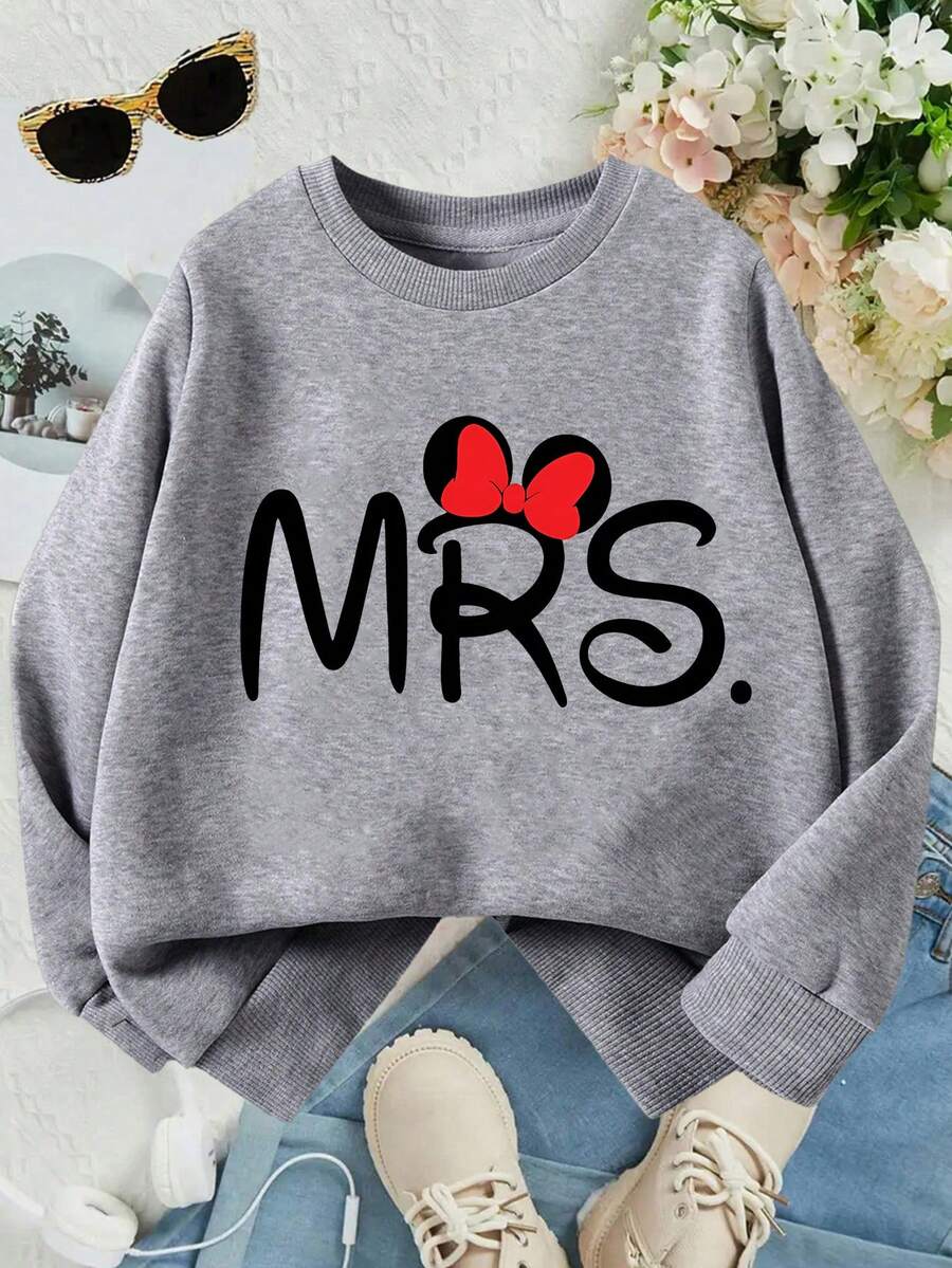 This Disney Girls' Sweatshirt Features A Creative Minnie Mouse Letter And Cartoon Print. It's A Round Neck Sweatshirt Perfect For Autumn And Winter, Made Of Soft And Comfortable Fabric, Suitable For Everyday Wear, Shopping, School, And Casual Occasions. It Also Makes A Wonderful Gift. - Xám - Xem 1