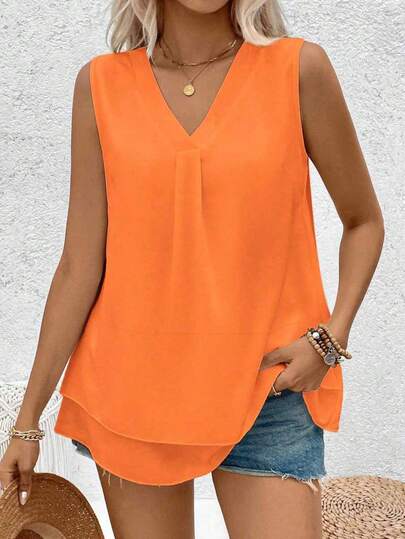 Plus Size Women Casual Elegant V-Neck Solid Color Chiffon Sleeveless Blouse, Summer