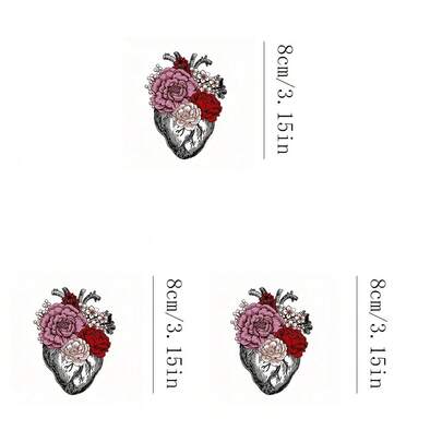 1片/2片/3片装花卉爱心热转印图案，DIY熨烫布贴，适用于T恤、连帽衫、棒球帽、帆布包等。