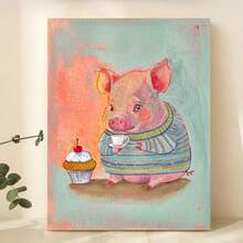 1pc Whimsical Piglet Tea Time Canvas Canvas Wall Art - Cute Animal Art With Striped Sweater & Cupcake, Vintage-Inspired Wall Decor For Living Room, Bedroom, Home Office, Framedless - 111 - Xem 2