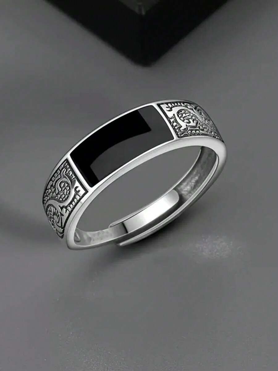 Retro Personality Versatile Dragon Pattern Resin Ring For Men, Small Group Design, Adjustable Opening, Single Creative Ring. - Black - View 1