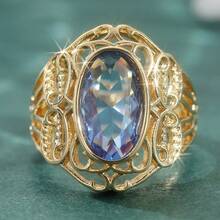 复古椭圆形铜合金镶嵌蓝色合成锆石戒指耳环套装，女士时尚金色戒指 - 金色 - 查看 7